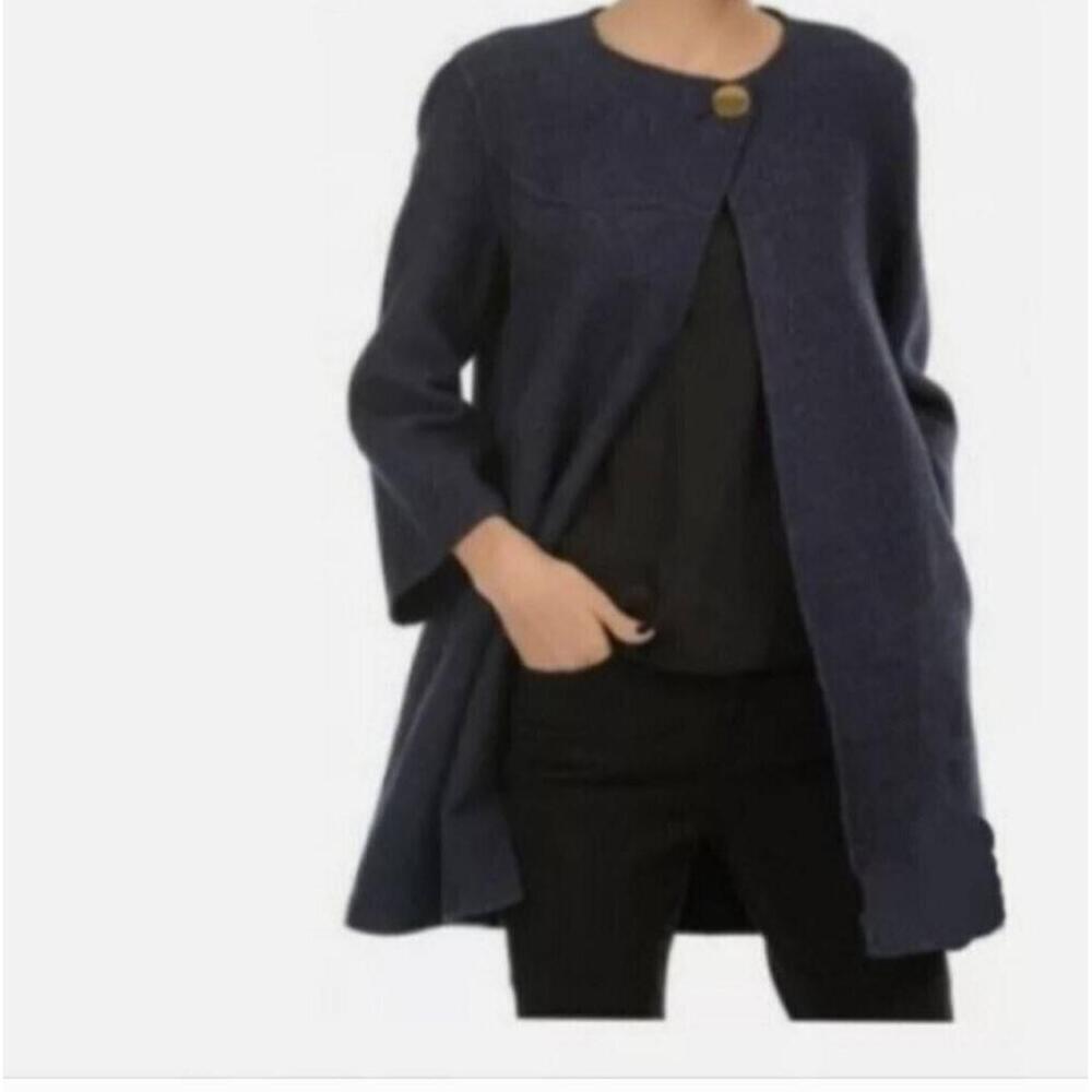 Zara Women Navy Wool Blend One Button Coat 3/4 Sleeves Collarless